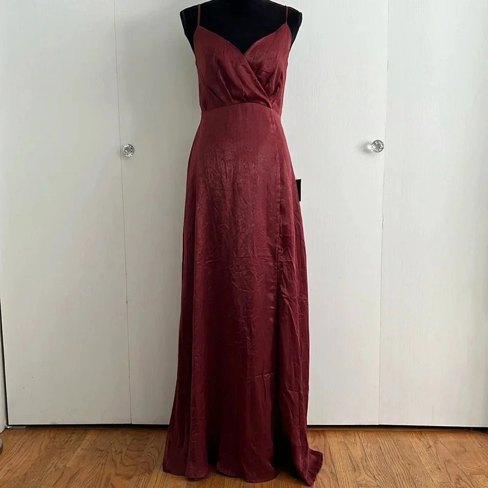 Lulu's Constantine Burgundy Satin Maxi Dress Sexy Formal Long Size S NWT - Picture 5 of 16